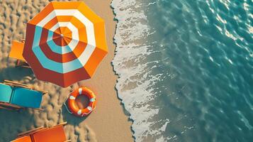 AI generated Beach umbrella chairs, inflatable ring on beach sand. summer vacation concept.top view Ai Generated photo